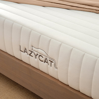 closer view of the lazycat logo on a medium firm foam mattress