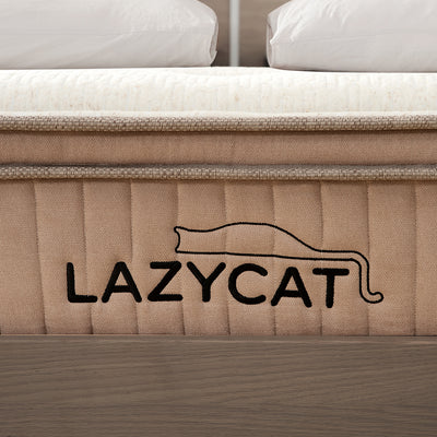 closer look of the lazycat logo on the spring mattress mocha